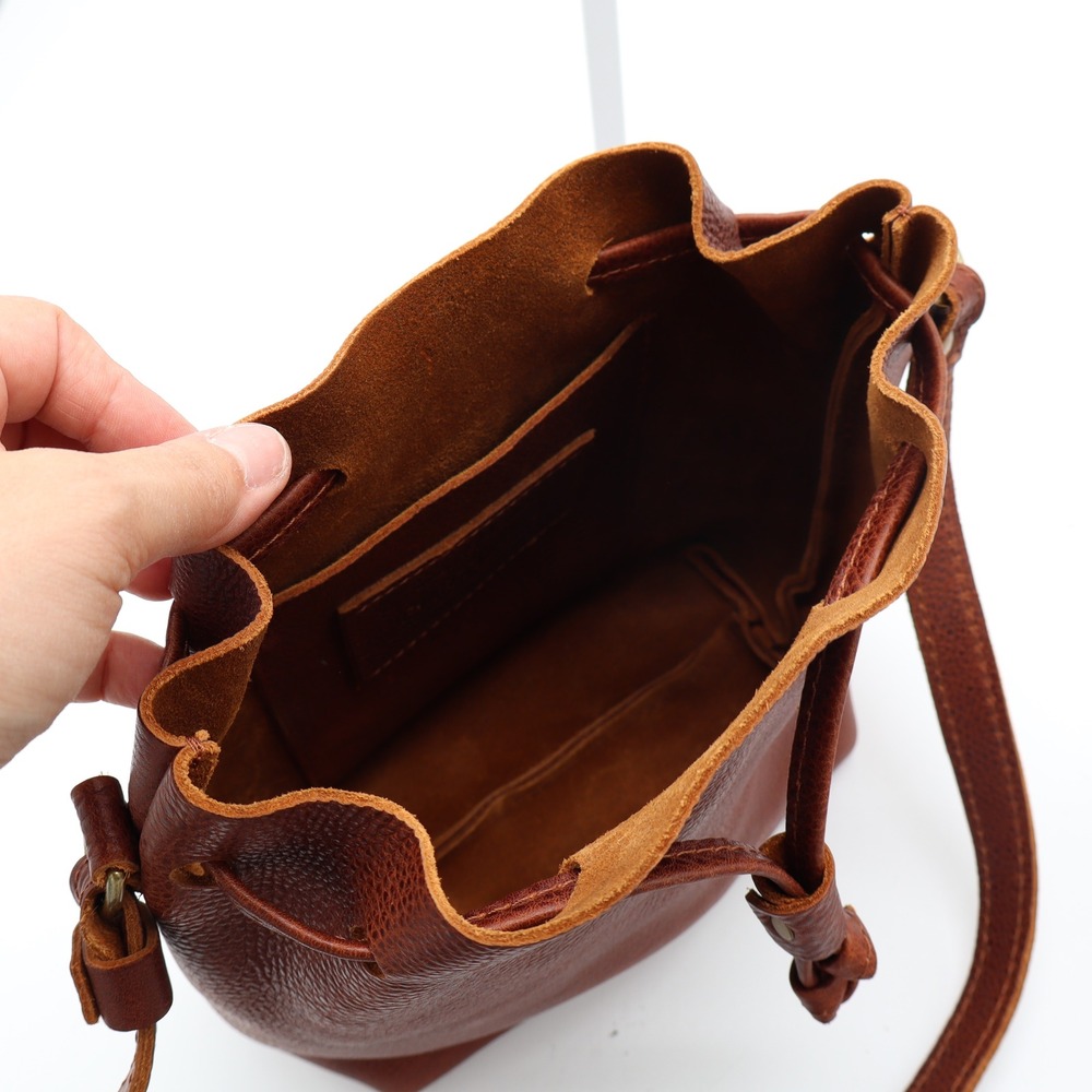 Portland Leather Goods Cognac Brown Pebbled Leather Drawstring Bucket Bag Small - Picture 3 of 5